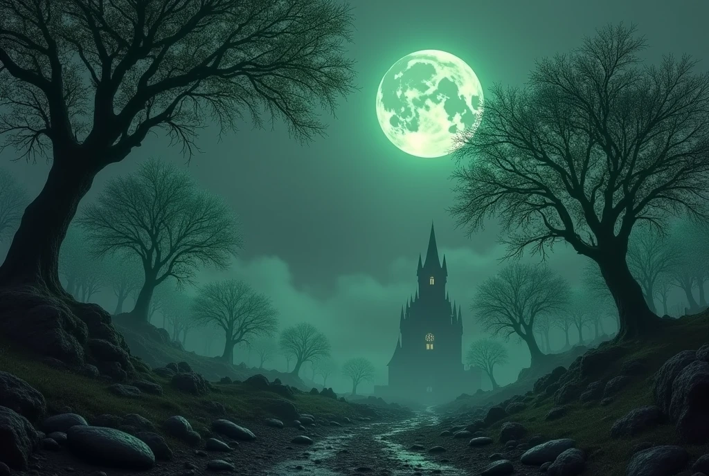 Dark and realistic medieval landscape, with gray sky and environment, with leafy trees and leaves that glow in neon grayish green colors standing out in the landscape and a large moon in the background