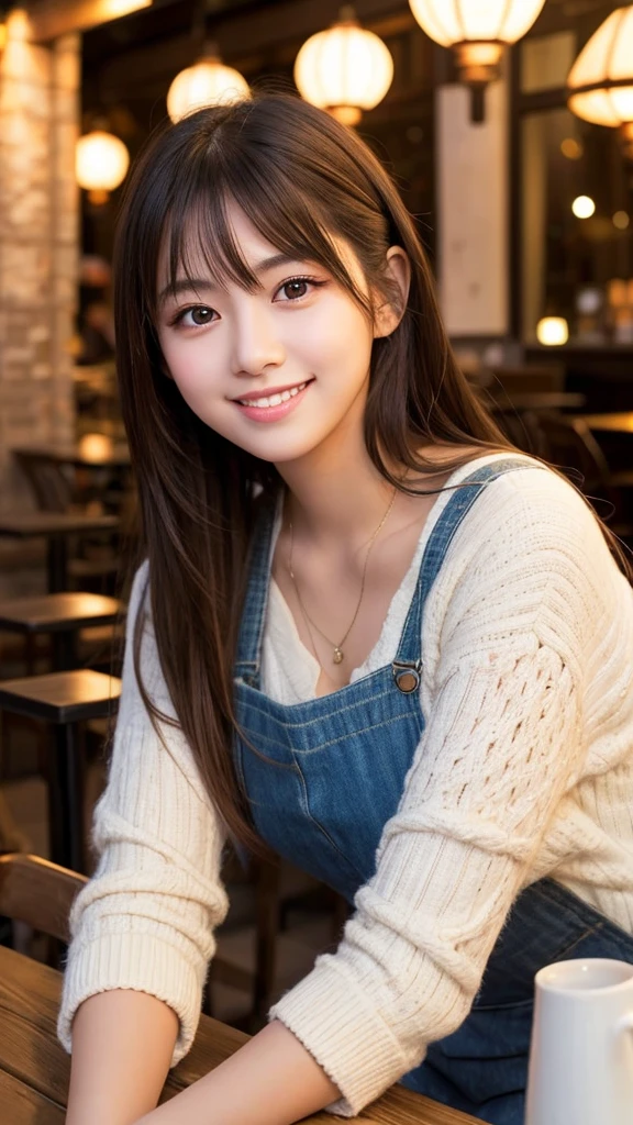 Cute girl working at a cafe terrace　Japanese　１９age　
Professional Lighting　Digital SLR　Beautiful and elaborate face　Perfect and beautiful face　Big eyes Smile