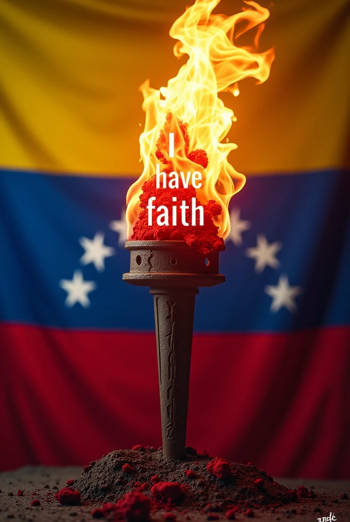 A torch with blood and fire and in the flame of the torch say hand I have faith and behind in the landscape are the colors of the flag of Venezuela