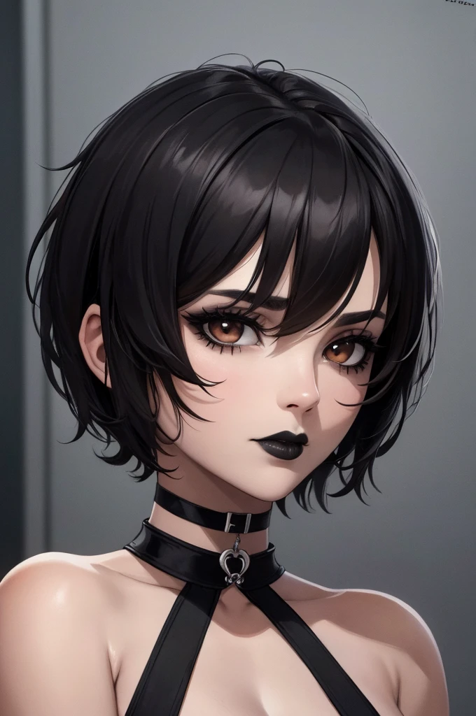 masterpiece,(best quality,top quality,8k),illustration,painting,detailed eyes and face,(1girl), brown eyes, black hair, messy hair, short hair, hair between eyes, pixie cut, goth, gothic, choker, black lips, (black dress:1.2), pretty girl, beauty skin, ultra high res, raw photo , detailed body ,(puffy eyes) ,good contrast , high sharpness,(gorgeous),realistic,RAW Photography,(hyperdetailed:1.2)