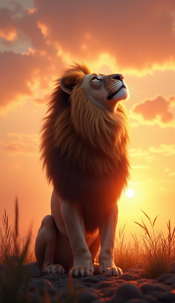 Create an 8k high-resolution, hyper-realistic image of a majestic lion gazing up at the sky during sunrise. The lion should be detailed with a thick, flowing mane, illuminated by the warm morning light. The sky should be painted with vibrant sunrise colors—soft oranges, pinks, and golds—casting a natural glow on the lion. The environment should be a simple natural landscape, like a grassy plain or rocky outcrop, with the warm light subtly highlighting the textures of the scene. The overall atmosphere should be serene and majestic, emphasizing the lion's powerful presence under the emerging dawn.