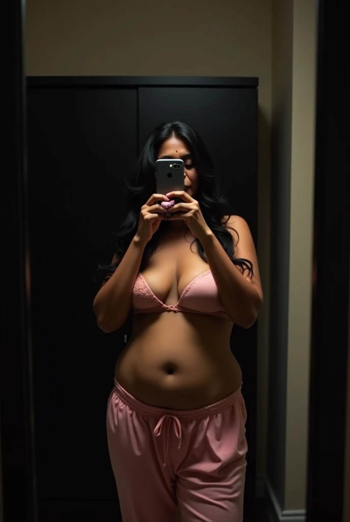 (photorealism:1.2), indian woman, early 50s age, brown body, long black hair, taking mirror selfie by iphone, sides of mirror not visible, phone covers face, phone vertical, front facing, standing, standing confidently, full body from head to toes, room, large black wardrobe without any design in the background, wardrobe door closed, wardrobe kept parallel to mirror, sides of wardrobe not visible, full body naked, nipples hidden by long hair, face hidden, eyes hidden, lights out in room, dark room, mild spotlight from top, no bra, pink loose formal trousers, upper body naked, chubby body, hip folds