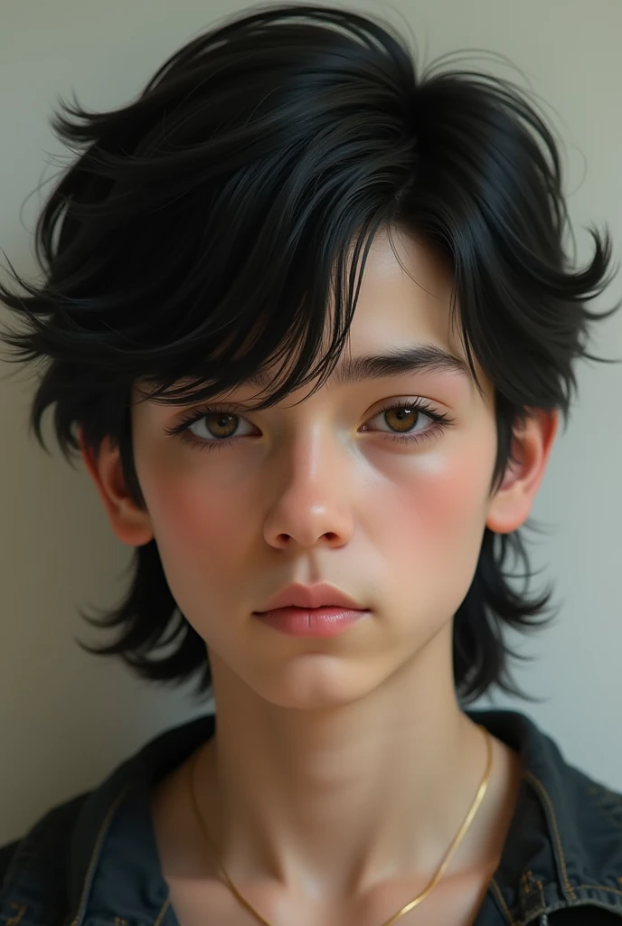 A young man with white skin and brown eyes, round face, black hair with a mullet haircut