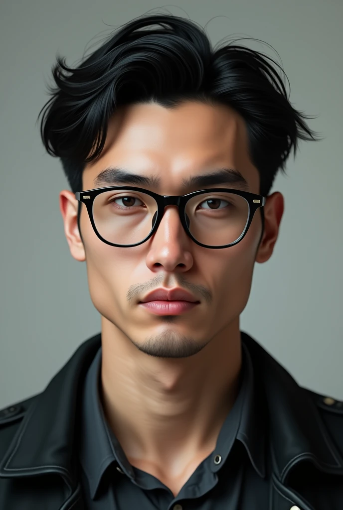 Black Hair　Black-rimmed glasses　Fair skin　30-year-old male