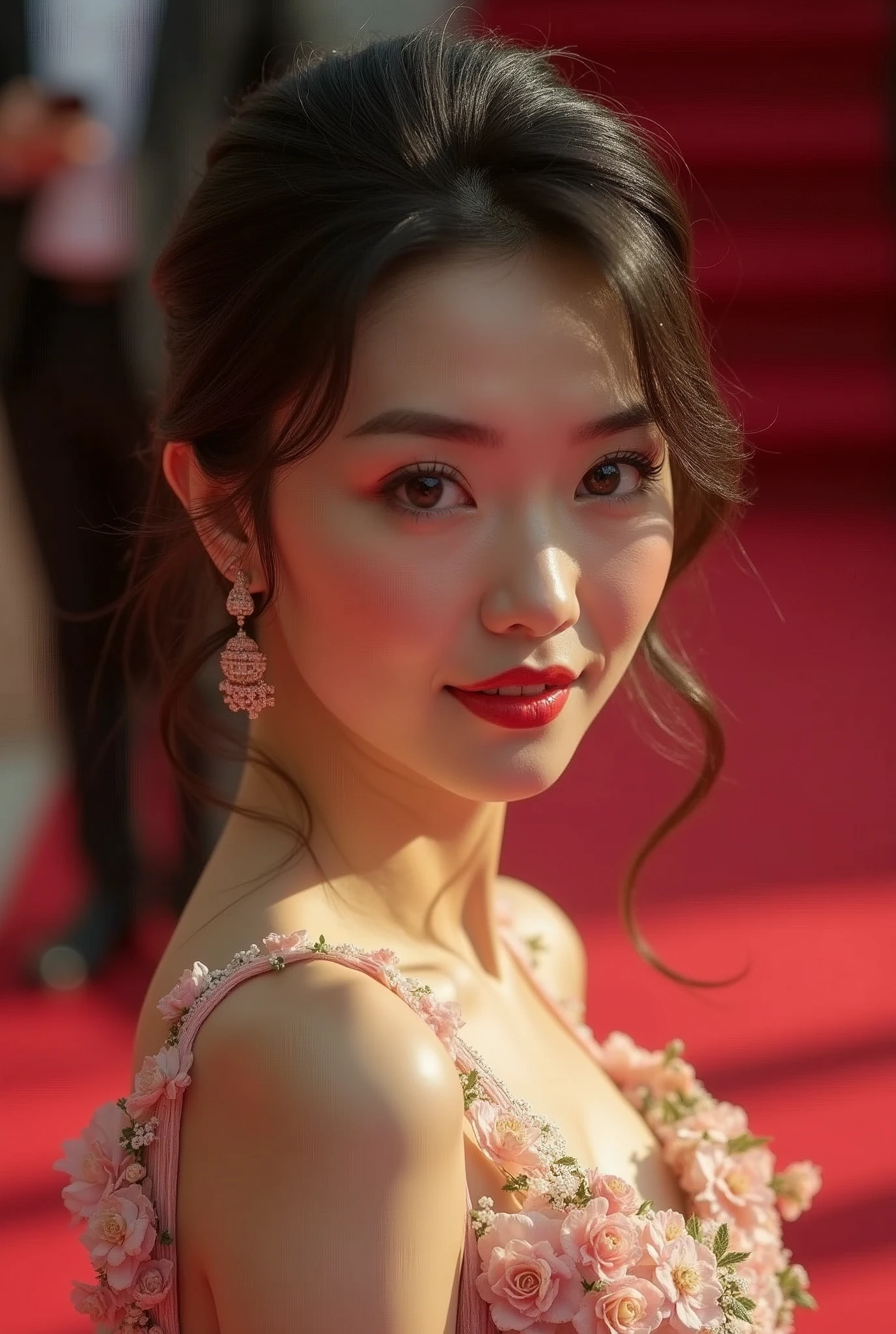 (((Japanese))),((The contrast of light and shadow makes the subject appear three-dimensional)), (Showing 1 woman, 24-years-old, Famous actress, confidently walks on the red carpet, Film Awards Ceremony), View your viewers, (Ultra-fine digital art)\, Photorealistic realism 16K quality: (eye: Vibrant): {((Realistic perfectly circular and super absurd detail [eye: brown: 1.4]), Ultra-stunning quality and resolution)}, ((the most absurd quality perfect eye:1.2)), ((super beautiful cute sharp-face)), (Bright green white face color), ((clear no blur and sharp perfect round Detailed pupils)), Perfect hands: [(normal hand, Five fingers)], face: [(beautifulface)],(ultra detailed eye), Detailed face,finely quality eye,(tired and sleepy and satisfied:0.0), ((Femaleeye closeup) Digital Rendering), realistic eye, perfect round eye, Detailed pupils, (brown_eye:1.28),BREAK,Detailed lips:1.3,pink_compensate:1.3, length_green_eyeliner:1.35, (red_lipstick:1.32),Perfect darkness_eyehadows:1.35, Female, (super detailed compensate on eye:1.3), iridescent eye, with professional compensate, Vibrant eye:1.2, (Detailed nose:1.2), BREAK, ((Happy,beautiful,Very detailed,Sparkling eyes,Black eyelashes,emotional expression,Very happy)), ((笑face, Face of joy)), (Perfect composition), Depth of written boundary, Cinematic Light, Lens flare, Digital SLR, Top quality soft lighting, sharp focus captured by Fujifilm XT3, 5 ....6, In dramatic lighting, dry skin, Highest Quality Real Texture Skins, (Woman with velvety skin:1.3), (Highest quality realistic hair), (bionde(Waved, Behind the ears:1.22), Super detailed:1.25), (firm, large, ample breasts), (slim and muscular body), She is the epitome of beauty and charm., ((Breathtaking, Silk Dolce & Gabbana.Floral Dress:1.3)), Well-crafted and elegant fashion:1.28), Floral Couture, (Clothing made of silk and flowers:1.3), 3/5 length, ((Close up of her face:1.33))