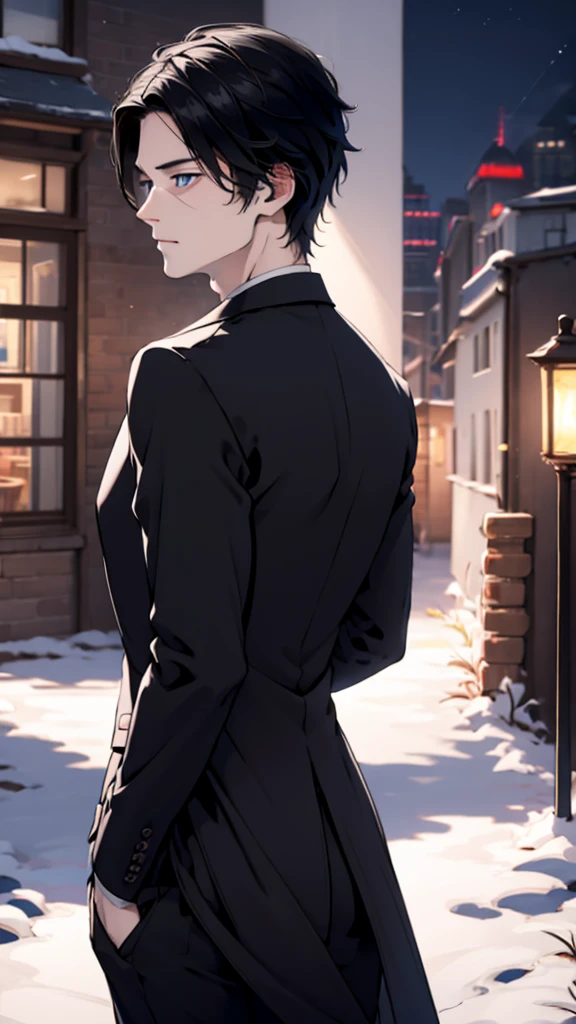 1 Boy, medium light black hair, blue eyes, wearing Black Suit 4D , night TOWN , high res, ultrasharp, 8K, masterpiece, looking from behind