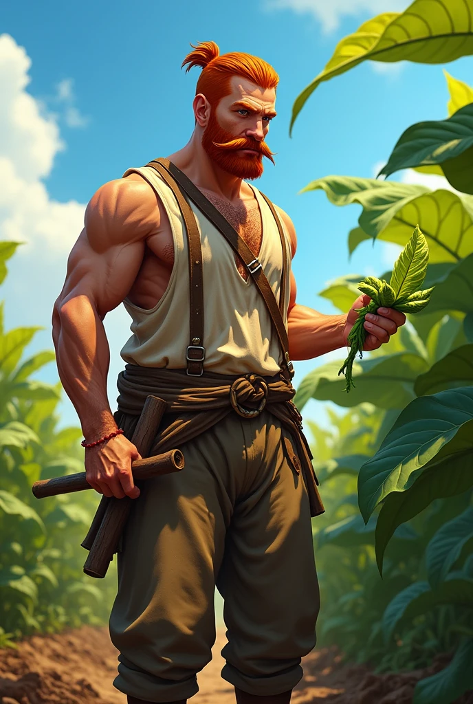 A vigorous man, offwhite, Celta, Red-Haired, giant mustache wearing peasant clothes weeding a crop end of tobacco, sun shines with a blue sky, tobacco appears with vigorous leaves at the height of man