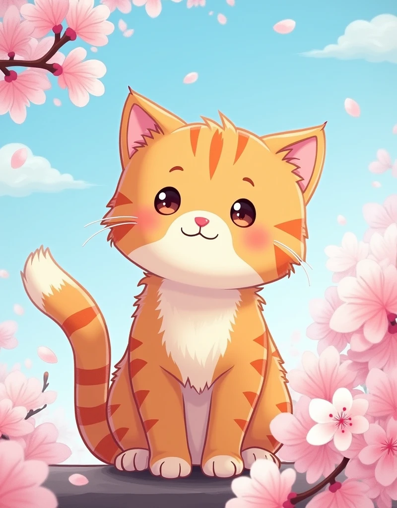 orange tabby cat,cute,(cherry_blossoms:2),blue sky