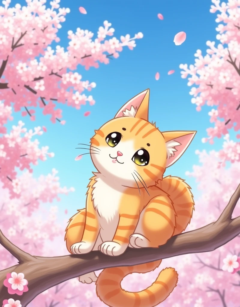 orange tabby cat,cute,(cherry_blossoms:2),blue sky