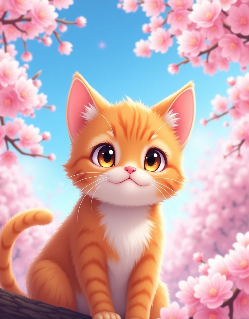 orange tabby cat,cute,(cherry_blossoms:2),blue sky