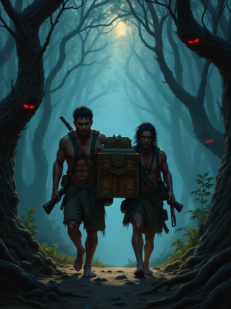 Two Cambodian hunters carrying guns carrying a treasure chest through the forest, scary in the evening with many red eyes watching