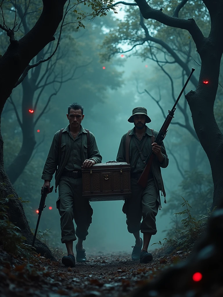 Two Cambodian hunters carrying guns carrying a treasure chest through the forest, scary in the evening with many red eyes watching
