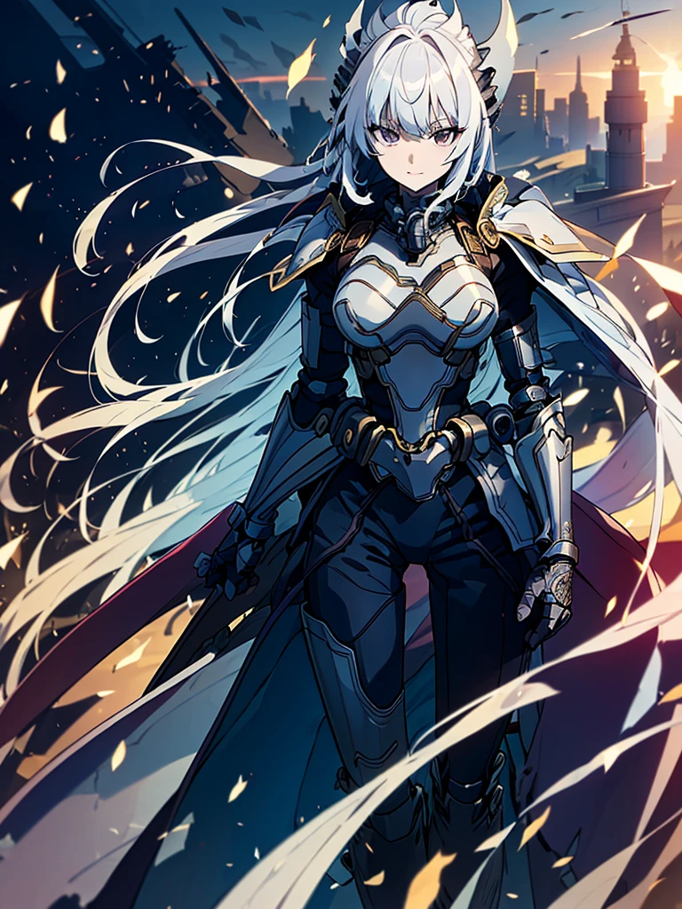 (masterpiece:1.2, Highest quality),(Colored Background) (Beautiful attention to detail: 1.2), (Highly detailed CG Unity 8K wallpapers, masterpiece, Highest quality, Very detailed, Best Shadow), (Detailed Background) ,arms(With a long stick),alone ,1 Robot. Cityscape, battlefield, Destroyed building, Skyline, sunset, Silhouette against a cloud background, meditation. Watching the beautiful sunset, sunset時に, sunset時, sunsetとともに, In the sunset, Nice views, Sunset view, With the sunset, sunset時に, During Golden Hour, looking sunset時に, Sunset in the background, Watching the sunset, In the spotlight, holding_gun, assault_rifle, Very detailed, Golden Hair, Long Hair, Anime Style, whole body, alone, Stylish Gunfighter Girl, Holding a steampunk long barrel pistol,Standing in the wasteland, 8K high resolution, White Background, The background is a dark and desolate landscape, Horror movie atmosphere. Her figure is very beautiful, Emphasizing the dark and crazy elements. Skillfully expressing the effects of light and shadow
