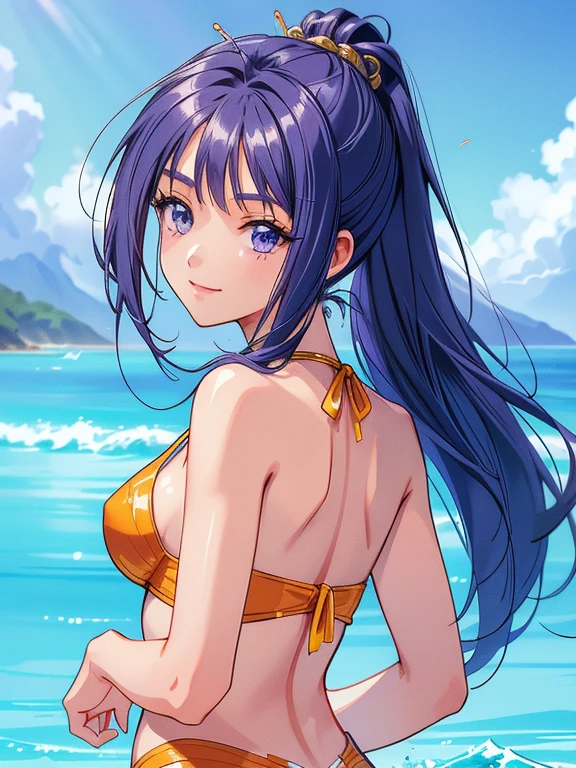 masterpiece, High resolution, Highest quality, Very detailed, Beach, ((masterpiece)),((Ayako Katagiri)),((Katagiri Ayako)),((Mischievous Smile)),Anatomically perfect fingers,Bikini Swimwear