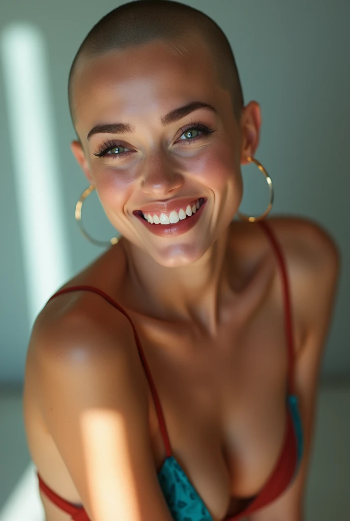 1girl, (best quality,ultra-detailed,photo-realistic:1.37),bright and vibrant colors,studio lighting,playful expression,stylish makeup,bald,no hair,(front facing:1.3),alluring eyes,glossy lips,sexy pose, swimsuit, smiling in a confident and seductive way,posing for a professional photoshoot,shallow depth of field,highlighting the main subject,soft natural lighting,creating a dreamy and magical atmosphere.