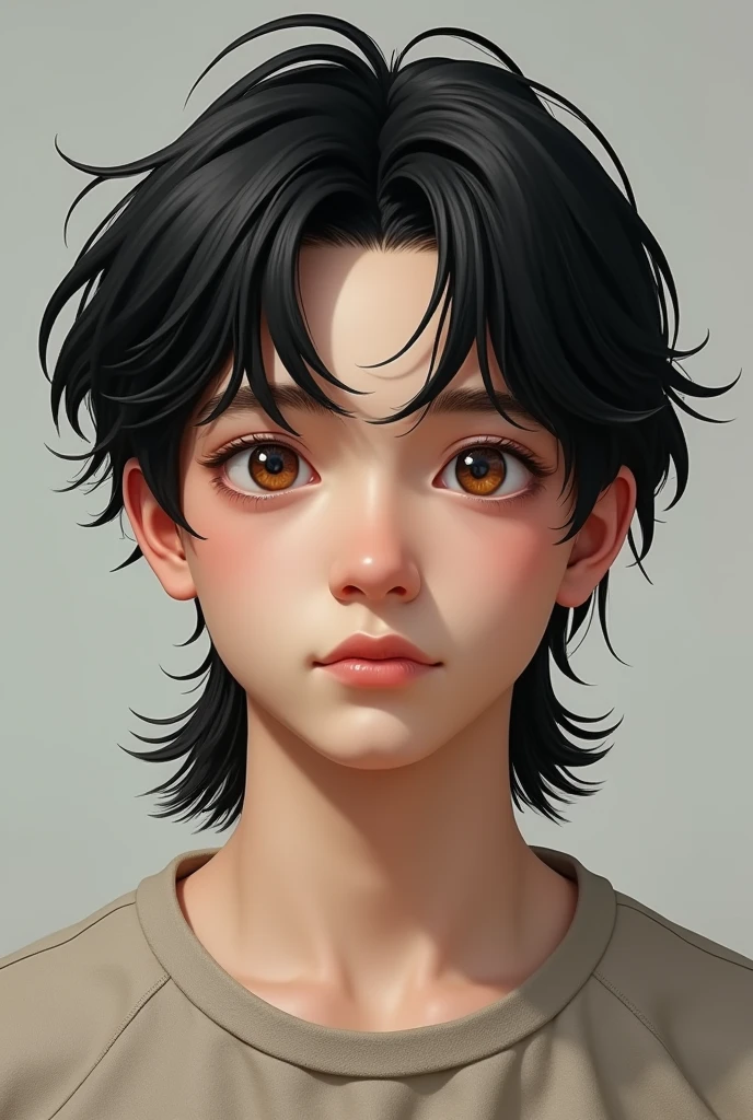 A young man with white skin and brown eyes, round face, black hair with a mullet haircut 
