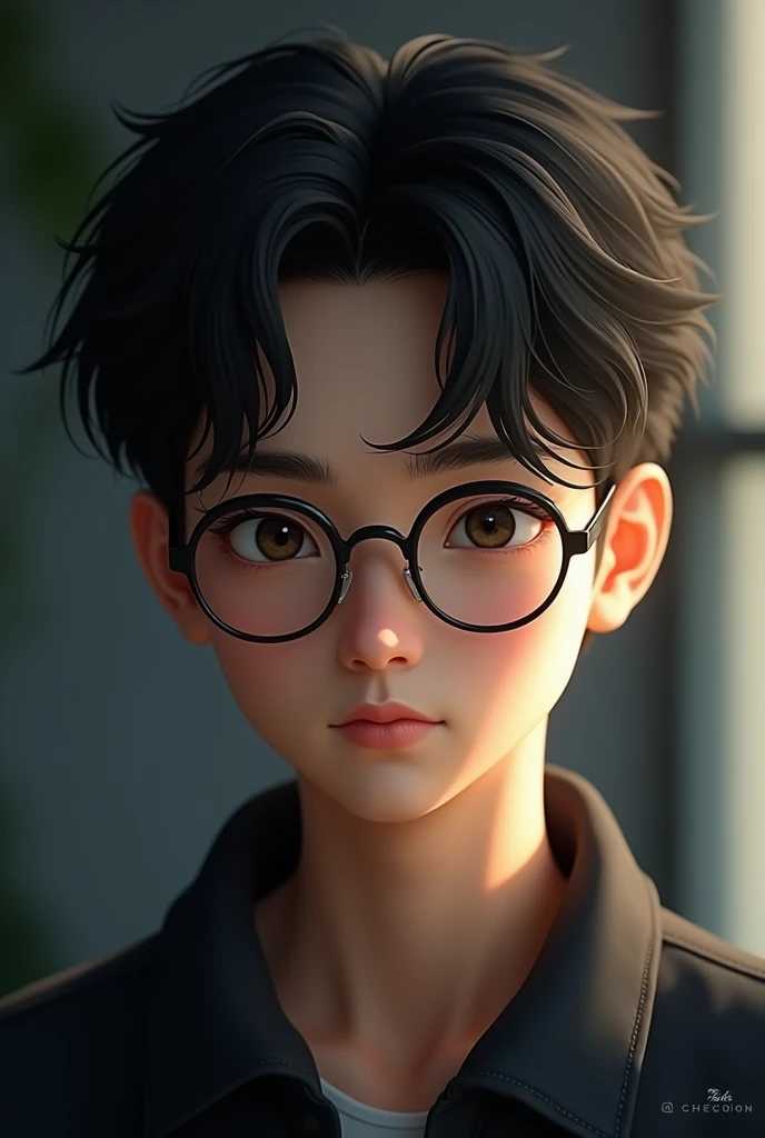 Black Hair Black-rimmed glasses Fair skin 20-year-old male