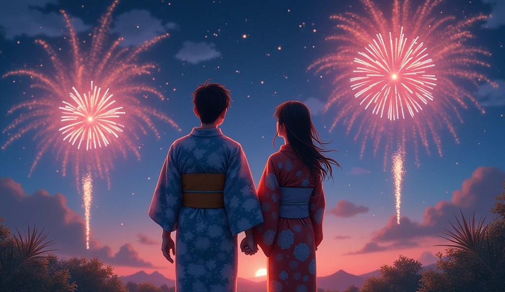 (best quality, masterpiece, ultra detailed, photo realistic), Japanese men and women look up at the beautiful fireworks shining in the summer night sky. The man is wearing a yukata, and the woman is also wearing a gorgeous yukata. The two are holding hands and looking at the fireworks with smiles on their faces. A scene that exudes a romantic atmosphere.