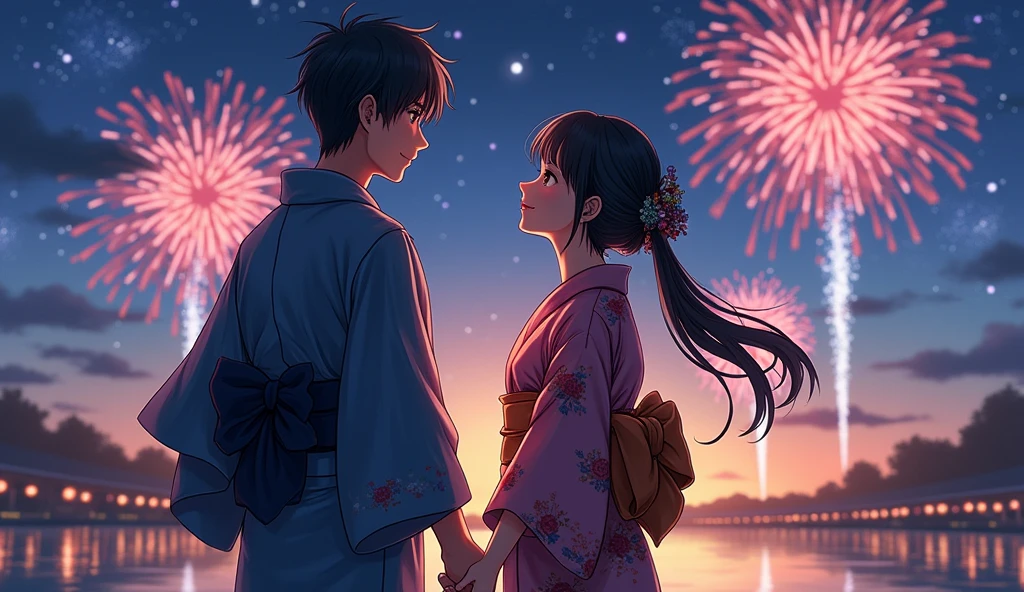 (best quality, masterpiece, ultra detailed, photo realistic), Japanese men and women look up at the beautiful fireworks shining in the summer night sky. The man is wearing a yukata, and the woman is also wearing a gorgeous yukata. The two are holding hands and looking at the fireworks with smiles on their faces. A scene that exudes a romantic atmosphere.