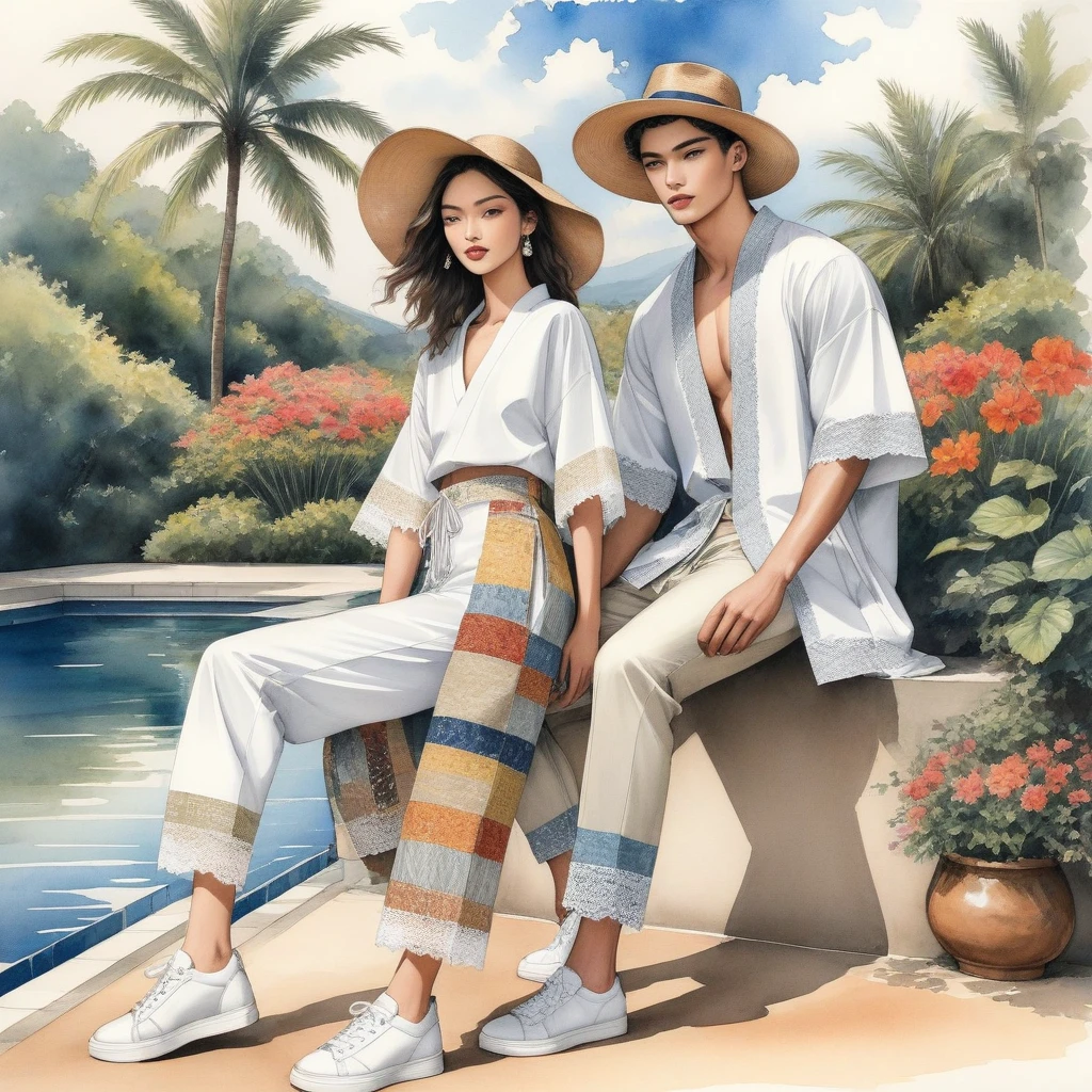 candid fashion illustration of young 2man and 1girl, aged 18-23 year old, tall and slender, Mixed race male super model, ((showcase fashionable cotton outfits inspired by designer Christian Diro resort collection 2023)), in elegant modern Mixed Trible style with ethnic woven details, natural Earth tone color. The 1st man wears an oversized shirt with embroidery and lace details, paired with slim-fit Pants. The 2nd man complements him in a white shirt decorate with lace and ethnic woven details, paired with big striped Drawstring short. 3rd man wears an oversized patchwork Yukata with short-sleeved shirt, lace details, relaxed-fit white hammer Pants, side entry pockets, and completes the look with white sneakers, glasses. the woman wearing an Ankle-length mini dress in cotton woven, frill-trimmed neckline with minimal lace detail, Her ensemble includes an accessorizes with a wide-brimmed straw hat, white sneakers. Captured in a ((full-body pose)), ((simple water-color on white paper)), realistic pencil lines, imperfect drawing, charcoal lines detail, fading sketch, fashion Sketching, low angle view, (full body image)