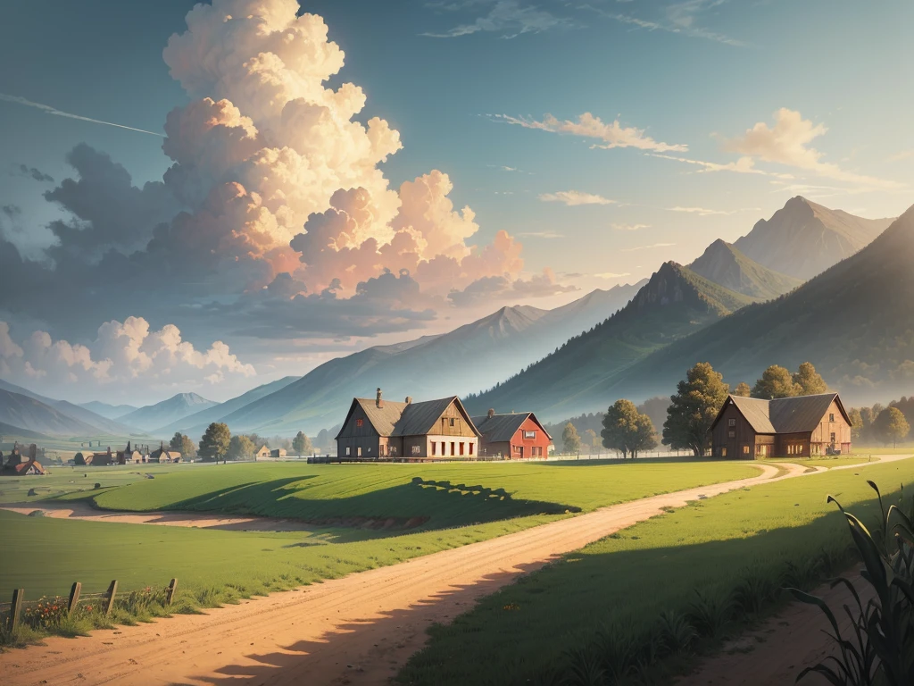 masterpiece of illustration drawing, a dirt path leads from a field of tall corn to a red-roofed farmhouse in the mountains, fresh cloudy sky.