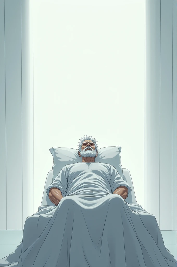 Muscular adult anime man with white hair and beard in a completely white hospital room lying on a gurney with his eyes closed wearing a hospital gown
