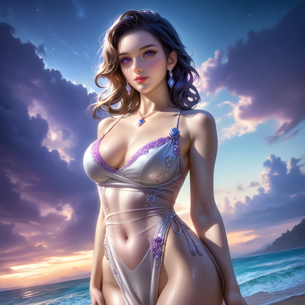 score_9, score_8_superior, score_7_superior, A masterpiece in 32K resolution,Highest quality,it is really amazing,Very detailed,Ultra-high resolution,Ultra-realistic,Realistic,Increased depth of field,Cinematic lighting,
Elegant mature Japanese woman,
black straight medium hair,Ultra-detailed and beautiful face,Calm expression,Translucent white skin,Realistic skin texture,Great proportions,
 high leg dress swimsuit,
Luxurious design,Chic color patterns,Beautifully detailed decoration,Detailed fabric texture,
Gorgeous necklace,Earrings,
Dark skies before the storm,Dark clouds covering the dark sky,Thunderclouds rolling in,Coastline at night,Stormy seas,delay々A desolate sandy beach that continues,
Dramatic Angle,Beautiful back view,