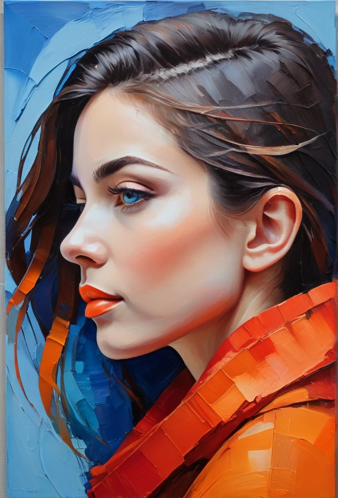 Create a serene profile portrait with the subject facing left. Use a vibrant color palette of blues, reds, and oranges. The background should be minimalistic in cool blue tones. Employ bold, visible brush strokes and the impasto technique for texture. Blend realism with abstraction, emphasizing strong contrasts and dynamic color blocking. Aim for a modern, contemplative feel.