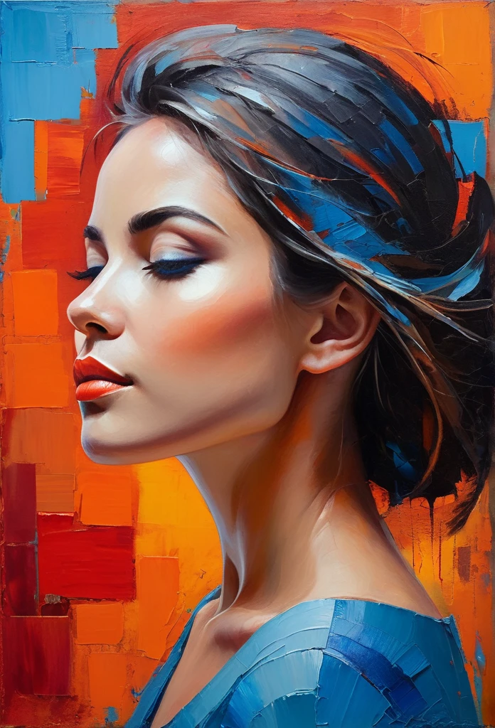 Create a serene profile portrait with the subject facing left. Use a vibrant color palette of blues, reds, and oranges. The background should be minimalistic in cool blue tones. Employ bold, visible brush strokes and the impasto technique for texture. Blend realism with abstraction, emphasizing strong contrasts and dynamic color blocking. Aim for a modern, contemplative feel.