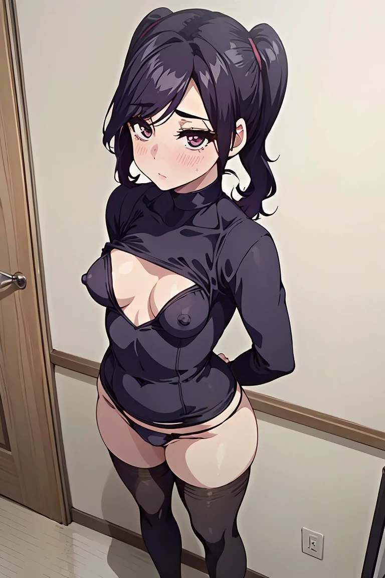 (best quality, masterpiece), 1girl, intricate details, small anime girl, black panties, black hair, pigtails, goth, standing, small breasts, cat pose, hinata hyuga