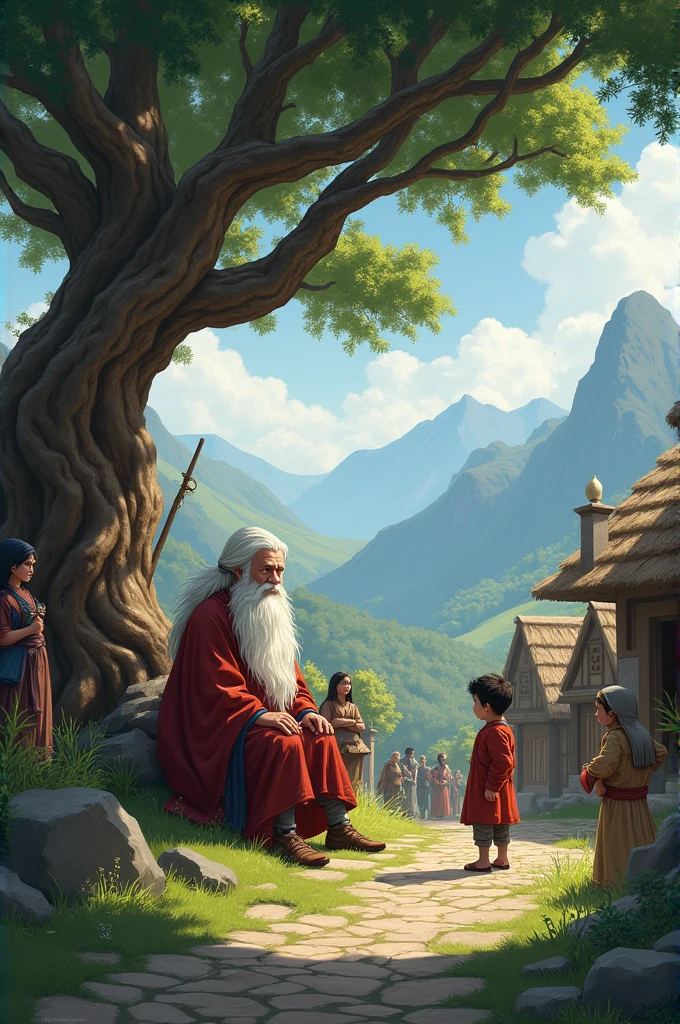 The Village and the Wise Old ManPrompt: "A small, peaceful village nestled in the mountains, with traditional houses and cobblestone paths. In the center of the village, a wise old man with a long beard and kind eyes sits under a large tree. He is surrounded by villagers seeking advice, with Aryan, a young boy, standing shyly at the edge of the group."