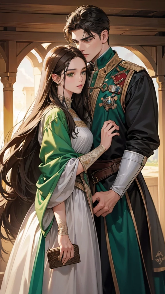 (Best Quality, high resolution, ultra detailed), Realistic representation of a muscular and handsome man with amure and short black hair and gray eyes., joining his forehead with a beautiful woman with long wavy brown hair and green eyes wearing a medieval dress. Both wear exquisite medieval clothing... The scene represents a passionate moment between the two characters., capturing your intense love and desire. The artwork must be created using oil painting techniques, with a focus on capturing the intricate details of the characters' facial features and the luxurious texture of their hair.. Lighting should enhance the romantic atmosphere., Casting soft shadows and emphasizing the depth of your emotions.. The overall color tone should be dim in the moonlight, with vibrant tones that accentuate the beauty of the characters. This masterpiece should evoke a feeling of intimacy and longing., leaving viewers enchanted by the allure of true love.