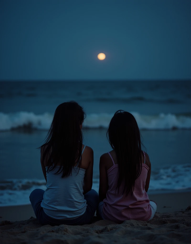 Photo of a girl sitting on the beach at night with her back turned. They are sitting with their backs turned. 
