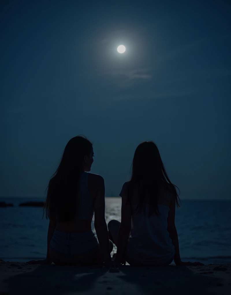 Photo of a girl sitting on the beach at night with her back turned. They are sitting with their backs turned.