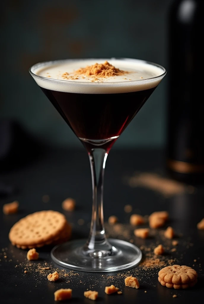 a dark martini with foam on top and frosted with cookies