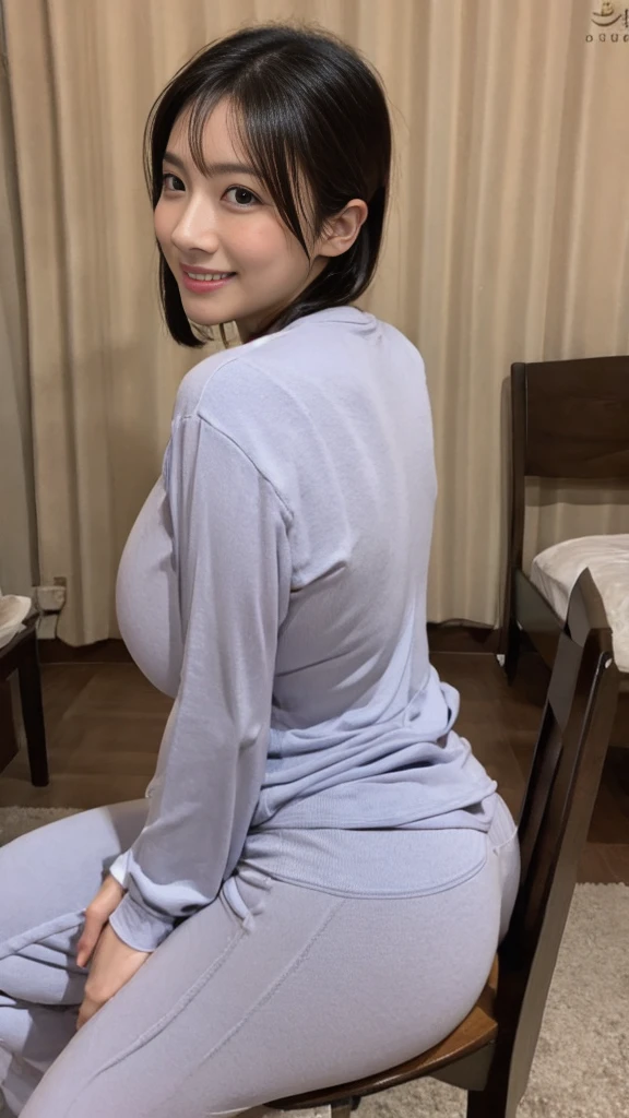 ((room)),night(Best Quality,8K,Raw photo,Realistic,High resolution:1.2),(sexy curvy japanese mother)(gigantic huge breasts),(),oily skin,(oversized t-shirt),sweat pants,look horny,),((embarrassed erotically)),(((be shy erotically))),upper body ,(tight fit),,(((moans sexy)),grinning,short hair,from above behind,looking back,(face close-up),sit on chair behind