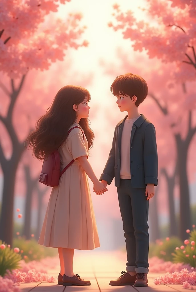 size：1242x2688 pixels，C4D Model，Young couple，The eyes of boys and girls have a sense of brushing，Beautiful and gentle long curly-haired brown girl wearing a casual long skirt suit and carrying a small backpack，Tall handsome boy with short brown hair，Wearing a casual and handsome suit，hand in hand，The two looked at each other，The two of them are full of hope for the future，Spring blooming season，Peach blossoms in full bloom in spring，highly，Volumetric light，happy up view ，Ultra HD 8k，webp