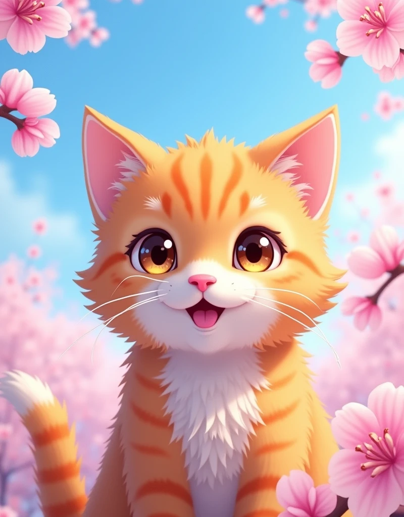 orange tabby cat,cute,(cherry_blossoms:1.5),blue sky