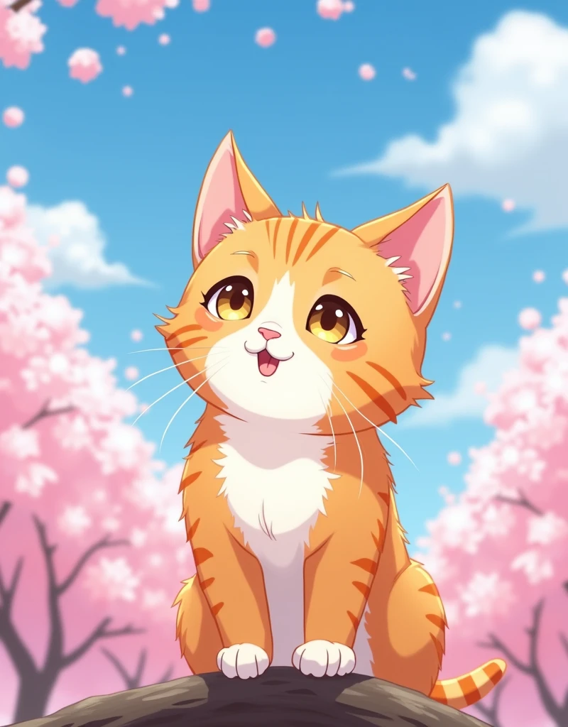 orange tabby cat,cute,(cherry_blossoms:1.5),blue sky