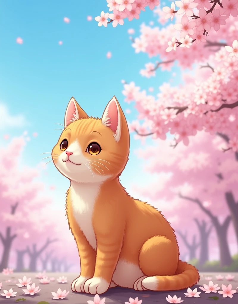 orange tabby cat,cute,(cherry_blossoms:1.5),blue sky