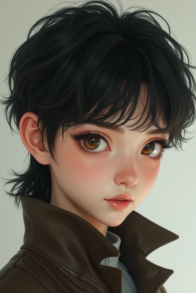 A young man with white skin and brown eyes, round face, black hair with a mullet haircut 