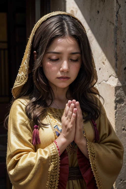 Abuela Brunette woman praying, golden colors, multi-colored, divine light, Mexico colores