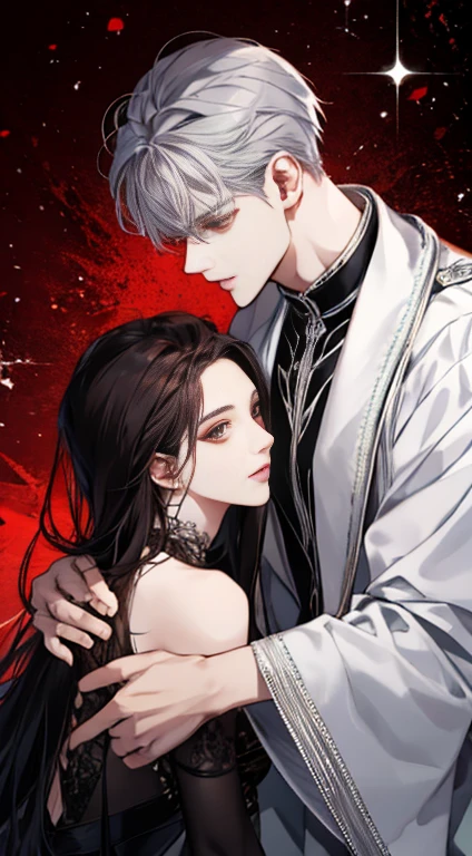 (extreamly delicate and beautiful:1.2), 8K, (tmasterpiece, best:1.0), Two male, One female, Upper body body, black-haired, silver hair, red dark hair, love triangle, 2 male 1 female - love triangle