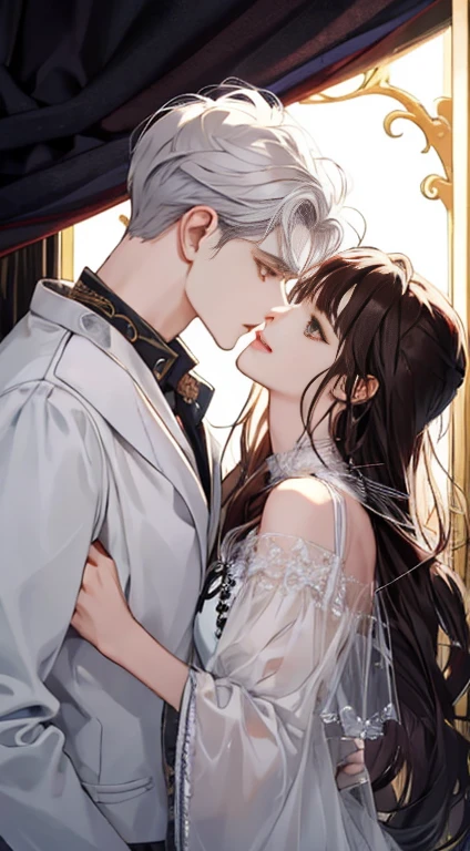 (extreamly delicate and beautiful:1.2), 8K, (tmasterpiece, best:1.0), Two male, One female, Upper body body, black-haired, silver hair, red dark hair, love triangle, 2 male 1 female - love triangle