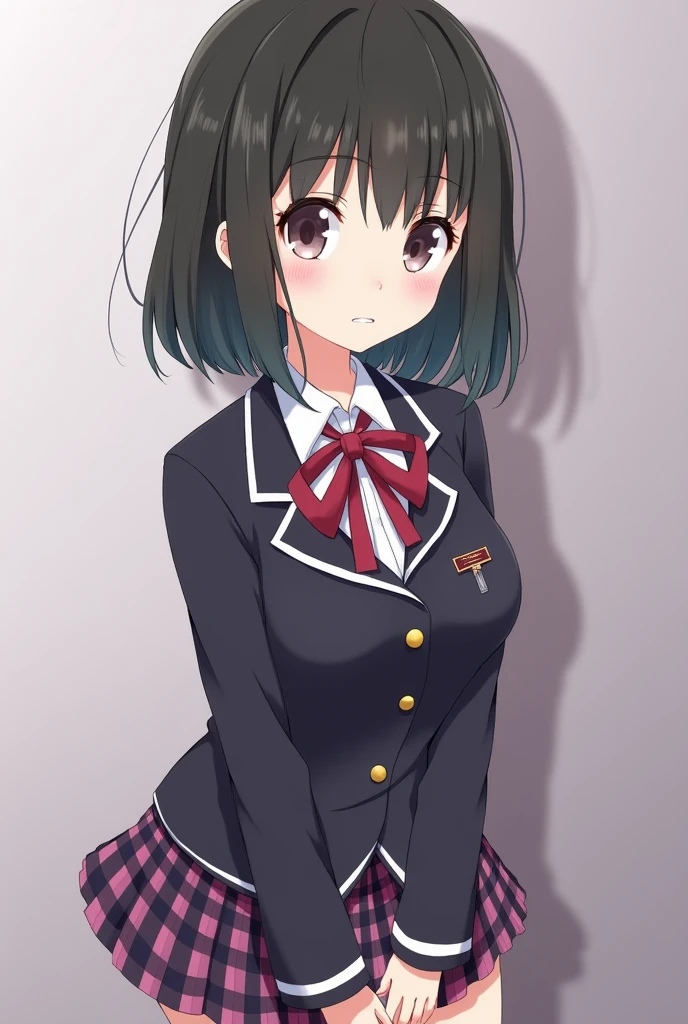  One girl, School Blazer,Checkered Skirt,cute,beautiful girl,Short Hair,ribbon,Quiet,Innocence,Obedience,Small breasts,Flat Chest,blush one&#39;s cheeks,Gaze Here,Idol,Beautiful black hair