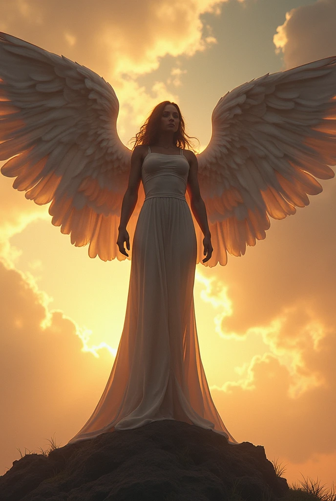a woman with huge breasts is standing on a man's shoulders, giant stunning goddess shot, exaggeratedly large physique, super wide angel, feminine and muscular, extreme muscles, massive wings, massive muscles, huge muscles, big muscle, powerful and huge, huge wings, muscled, very beautiful. big muscles, exaggerated physique, ifbb fitness body, large muscles