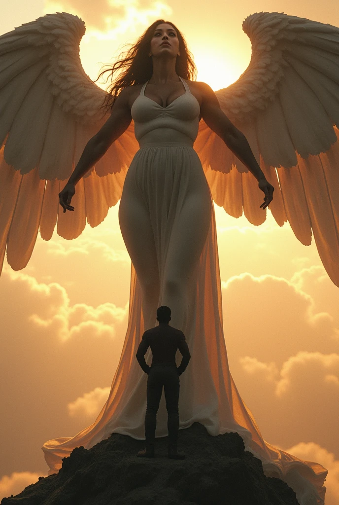 a woman with huge breasts is standing on a man's shoulders, a portrait by Jakob Gauermann, reddit, massurrealism, giant stunning goddess shot, exaggeratedly large physique, super wide angel, feminine and muscular, extreme muscles, massive wings, massive muscles, huge muscles, big muscle, powerful and huge, huge wings, muscled, very beautiful. big muscles