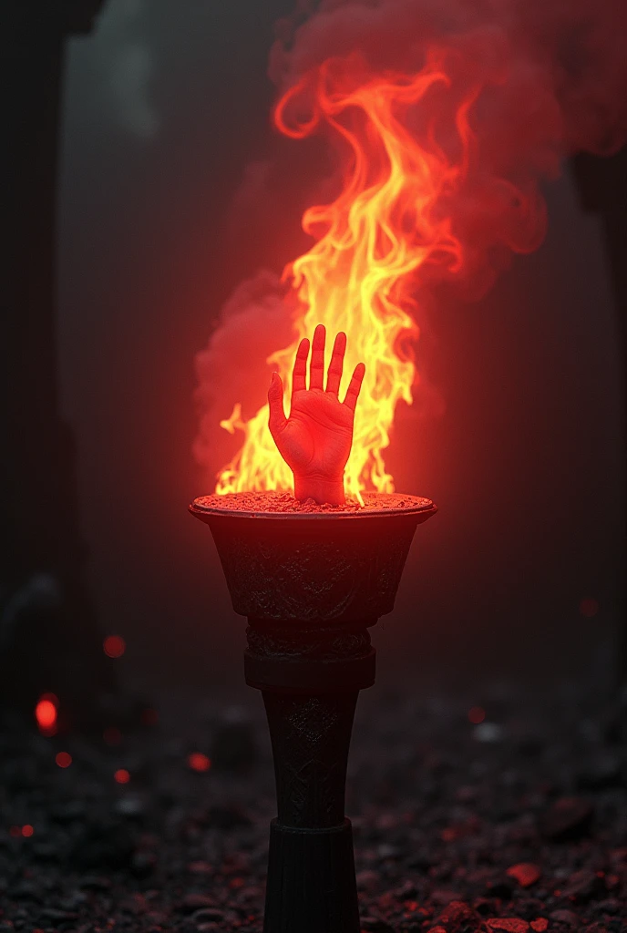 A torch with blood and fire and in the flame of the torch say hand I have faith 