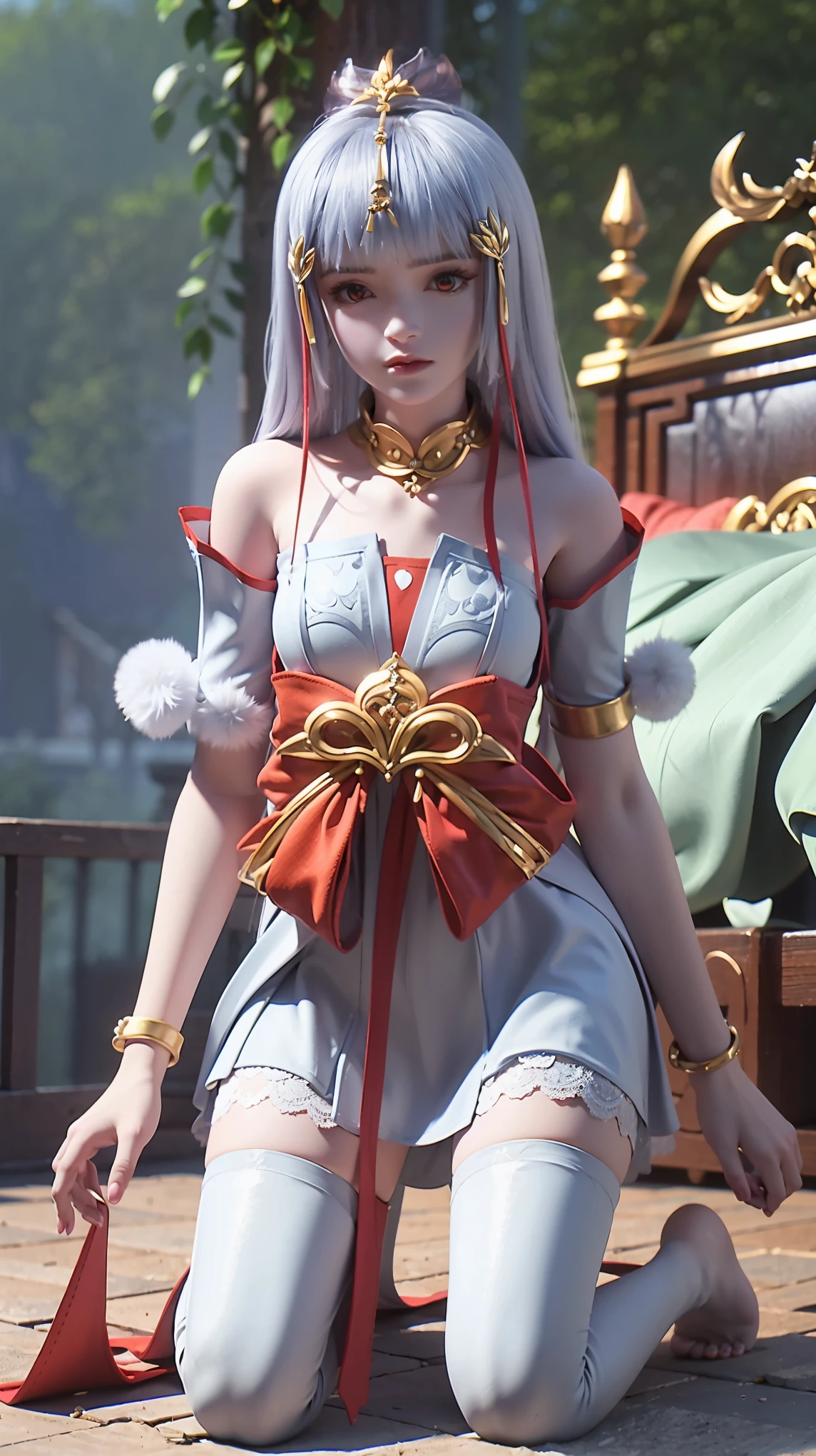 best quality，masterpiece，The Ultimate Solution，Fluffy，Extremely colorful，Mature beautiful woman，（Dress school uniform），Lace skirt，（Beautiful woman beheaded），Normal posture，（Kneeling），Kneeling on the bed，shackles，Beheading，collar，White stockings ，barefoot，Normal posture