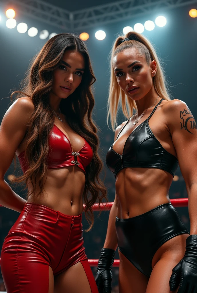 two women in leather outfits posing for a picture in a boxing ring, bottom angle, chest up bust shot, ayami kojima and lyde caldwell, hard rubber chest, very sweaty, full scene shot, in an arena pit, wwe, pov photo, high quality photo, the super hot and sexy, upper body shot, humongous view, various posed